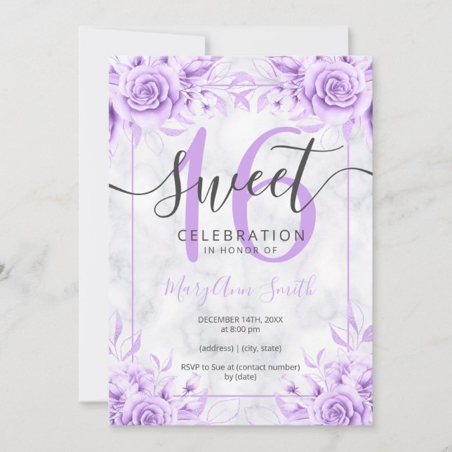 Invitación Purpurina de mármol Plata Morado Floral 16 (Anverso)