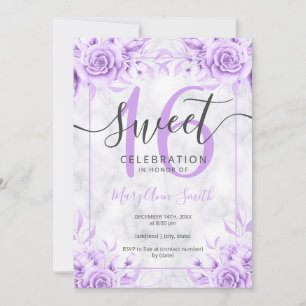 Invitación Purpurina de mármol Plata Morado Floral 16
