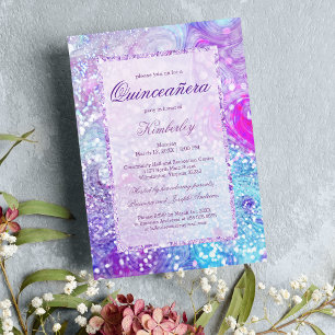 Invitación Purpurina de mármol rosa de lavanda verde azulada 