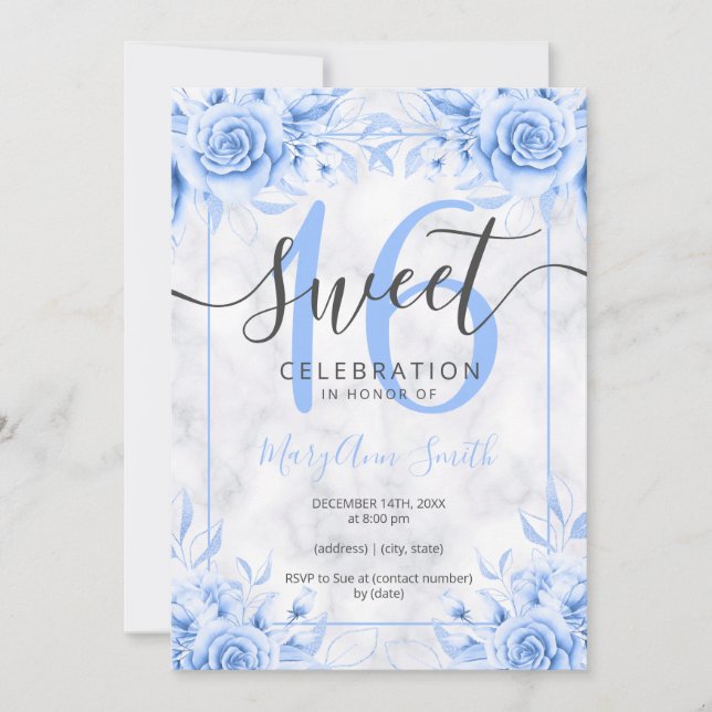 Invitación Purpurina de mármol Silver Blue Floral Sweet 16 (Anverso)