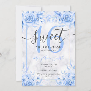 Invitación Purpurina de mármol Silver Blue Floral Sweet 16