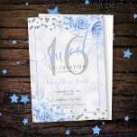 Invitación Purpurina de mármol Silver Blue Floral Sweet 16<br><div class="desc">Elegante plantilla de Purpurina de invitación a la fiesta de cumpleaños número 16 Silver Blue Floral Marble. Con un arreglo floral moderno.</div>