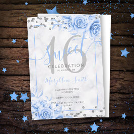 Invitación Purpurina de mármol Silver Blue Floral Sweet 16