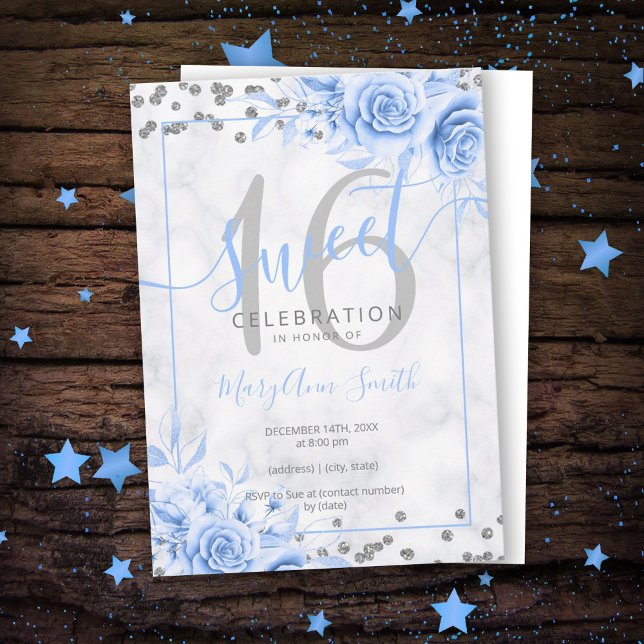 Invitación Purpurina de mármol Silver Blue Floral Sweet 16 (Subido por el creador)