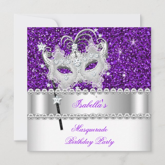 Invitación Purpurina de Mascarada Máscara de Diamantes Púrpur (Anverso)