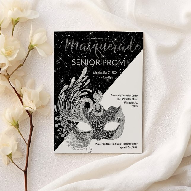 Invitación Purpurina de máscaras de plata blanca negra (Black white silver sparkle glitter Masquerade Prom)
