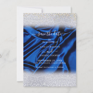 Invitación Purpurina de moda Azul Real Guardar la fecha