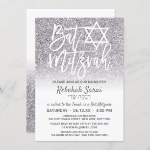 Invitación Purpurina de Moda blanco plateado Ombre Bat Mitzva