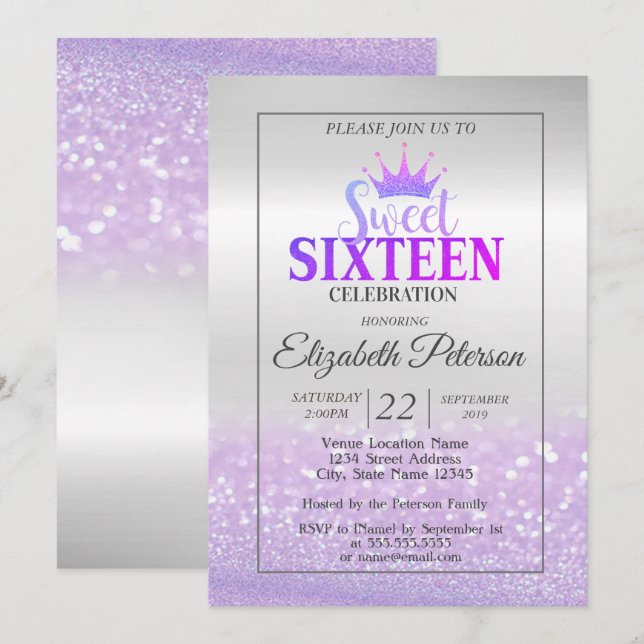 Invitación Purpurina de moda Bokeh Ombre, Tiara, dulce Fiesta (Anverso / Reverso)