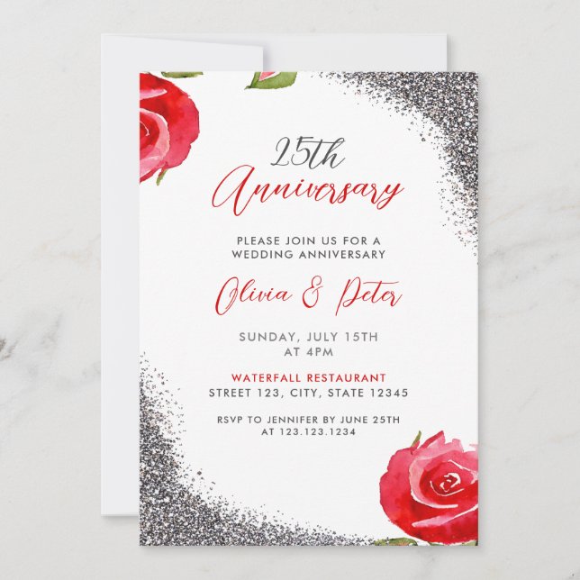 Invitación Purpurina de moda de Plata y Rojo 25° aniversario  (Anverso)