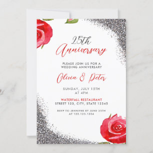 Invitación Purpurina de moda de Plata y Rojo 25° aniversario