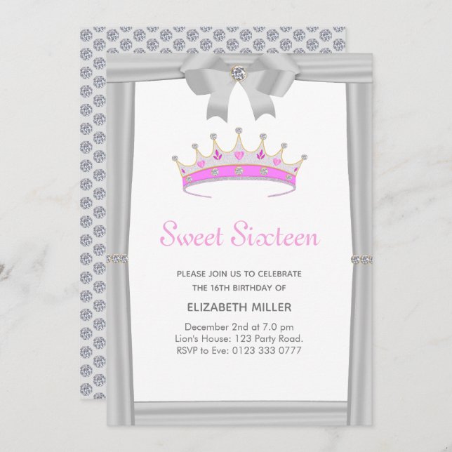 Invitación Purpurina de moda Diamond Crown Sweet 16 (Anverso / Reverso)