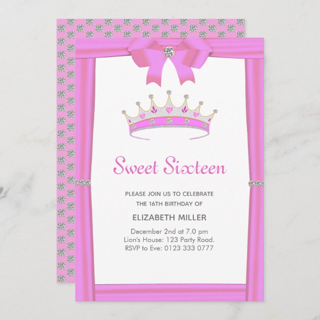 Invitación Purpurina de moda Diamond Crown Sweet 16 (Anverso / Reverso)