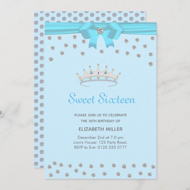 Invitación Purpurina de moda Diamond Sweet 16 sobre azul clar (Anverso / Reverso)