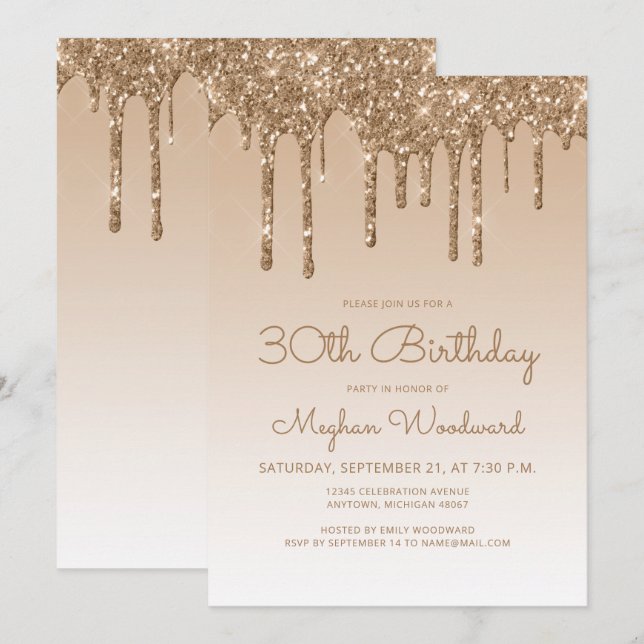 Invitación Purpurina de moda Drip Gold 30 Fiesta de cumpleaño (Anverso / Reverso)