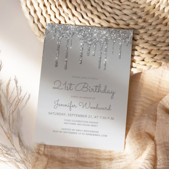 Invitación Purpurina de moda Drip Silver 21º cumpleaños (Subido por el creador)