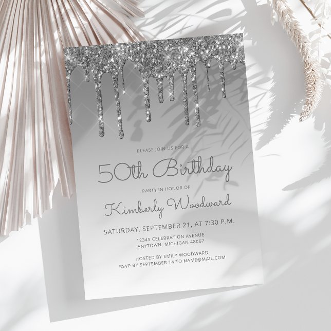 Invitación Purpurina de moda Drip Silver 50 cumpleaños (Subido por el creador)