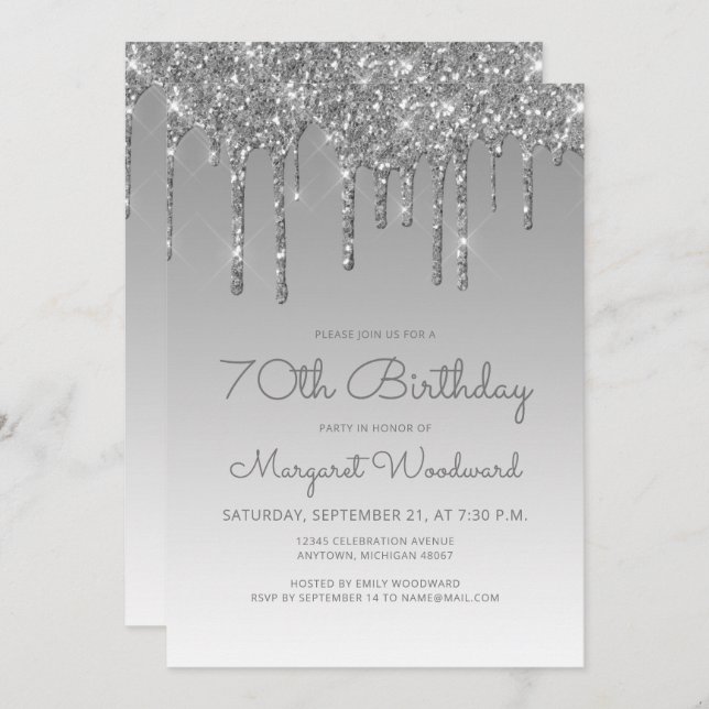 Invitación Purpurina de moda Drip Silver 70 cumpleaños (Anverso / Reverso)