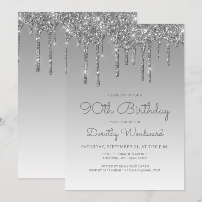 Invitación Purpurina de moda Drip Silver 90 cumpleaños (Anverso / Reverso)