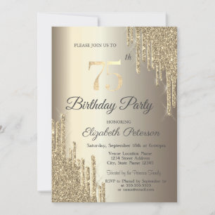 Invitación Purpurina de moda Drips Champagne 75 cumpleaños