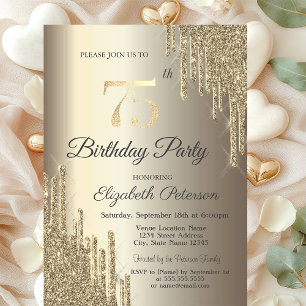 Invitación Purpurina de moda Drips Champagne 75 cumpleaños