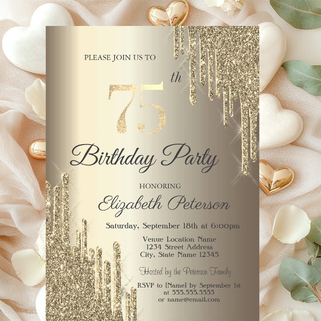 Invitación Purpurina de moda Drips Champagne 75 cumpleaños (Subido por el creador)