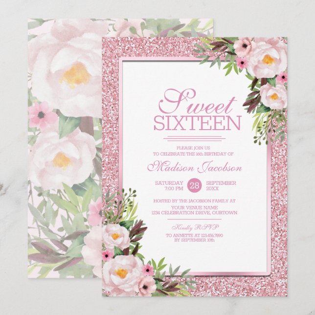 Invitación Purpurina de moda Dulce Floral Rosa 16 Fiesta (Anverso / Reverso)