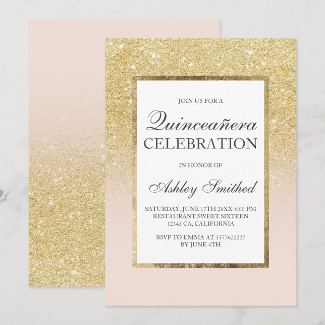 Invitación Purpurina de moda  elegante moda Quinceañera (Anverso / Reverso)