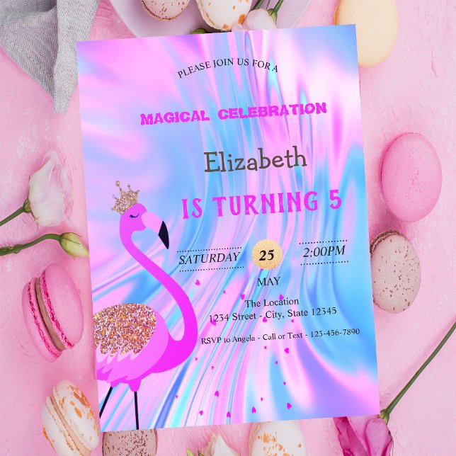 Invitación Purpurina de moda Flamingo, cumpleaños holográfico (Subido por el creador)