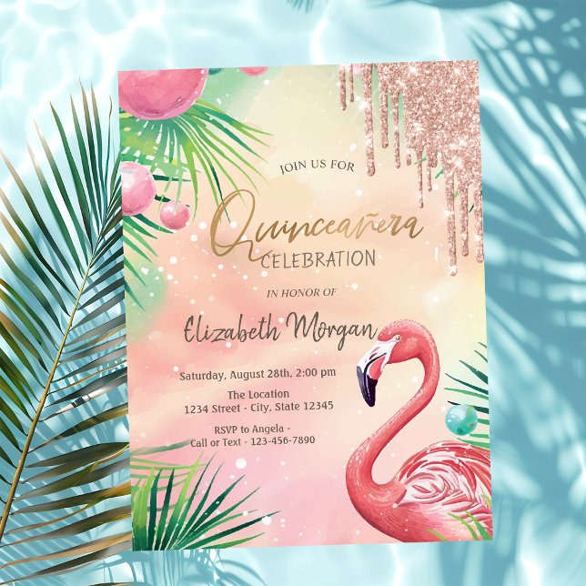 Invitación Purpurina de moda gotea flamencos rosados Quinceañ (Subido por el creador)