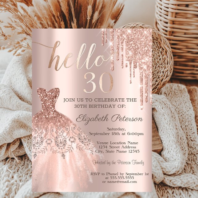 Invitación Purpurina de moda gotea vestido Rosa Oro 30 cumple (Subido por el creador)