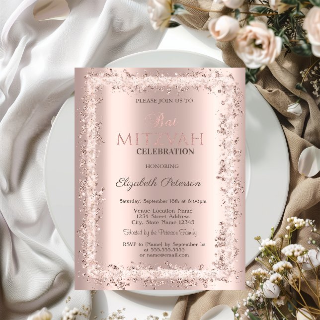 Invitación Purpurina de moda Marco Rosa de oro Bat Mitzvah (Subido por el creador)
