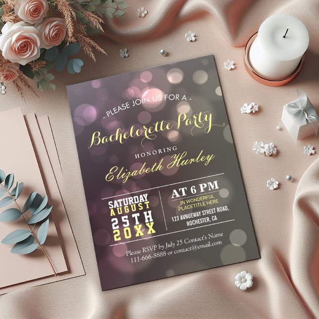 Invitación Purpurina de Moda moderna Bokeh Bachelorette Party (Subido por el creador)