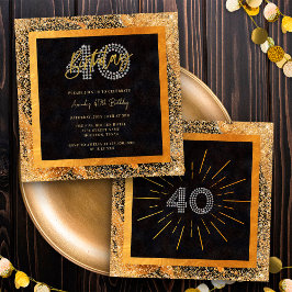 Invitación Purpurina de moda Negro y Oro 40 Fiesta de cumplea
