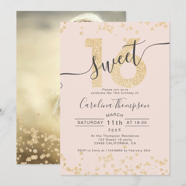 Invitación purpurina de moda oro confetti blush Sweet 16 foto (Anverso / Reverso)