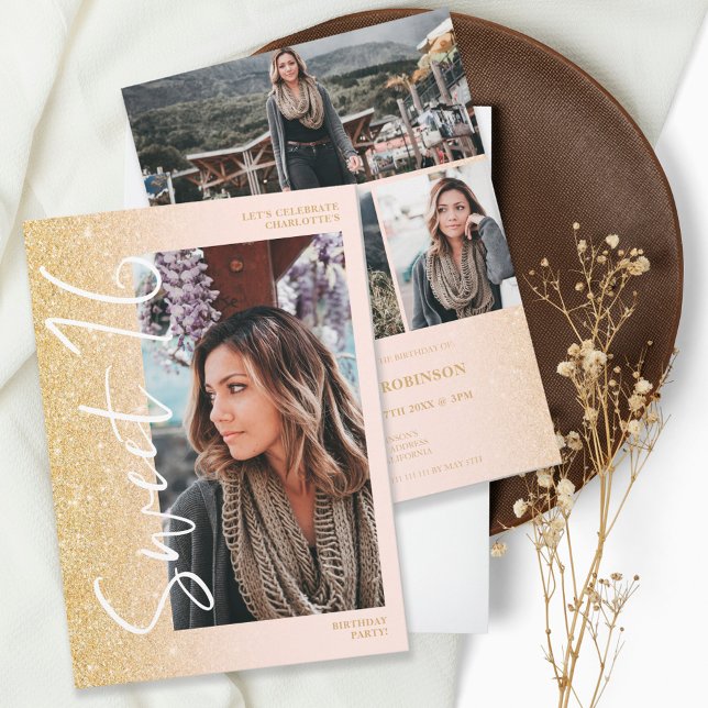 Invitación purpurina de moda oro oscuro guión 4 fotos Sweet 1 (Subido por el creador)