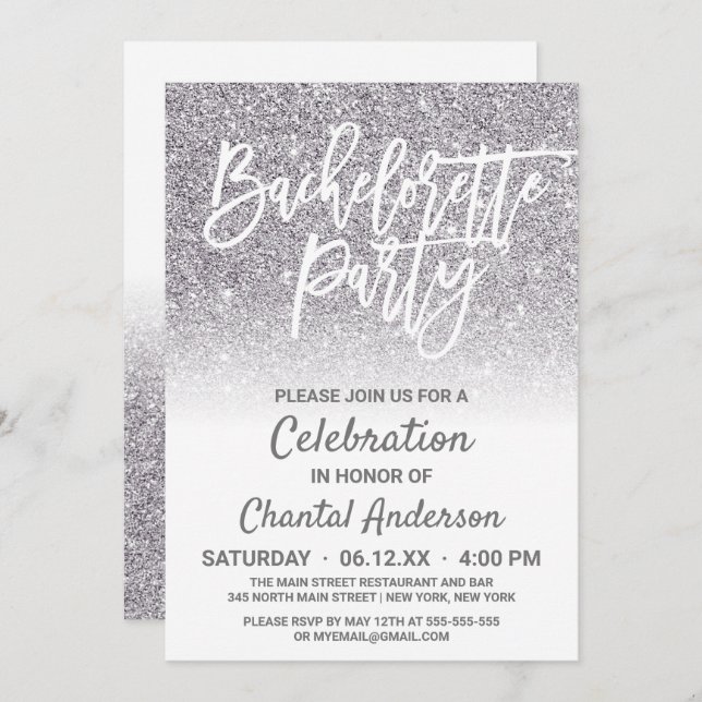 Invitación Purpurina de Moda Plata Blanca Ombre Bachelorette (Anverso / Reverso)