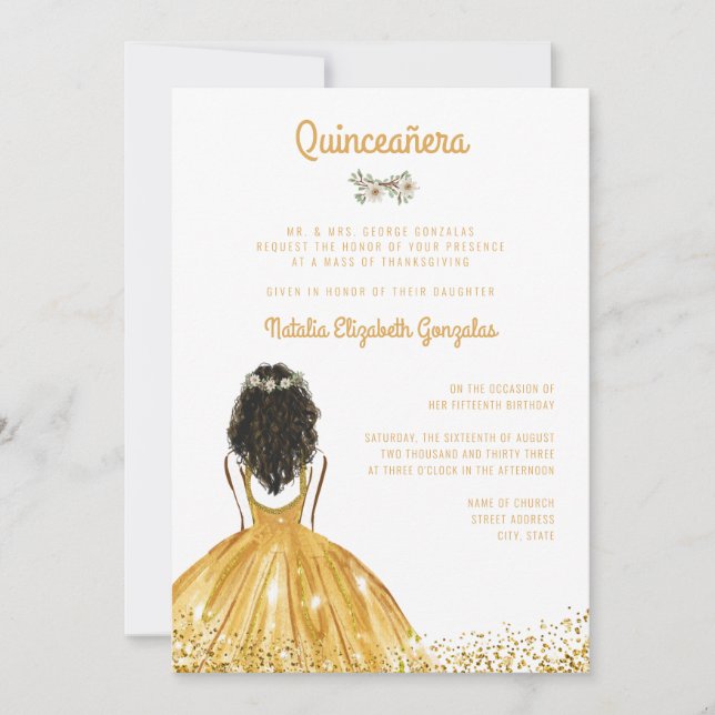 Invitación Purpurina de moda Princesa de oro Ball Gown Quince (Anverso)