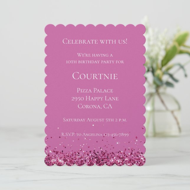 Invitación Purpurina de Moda rosa Sparkle Cumpleaños (Anverso de pie)