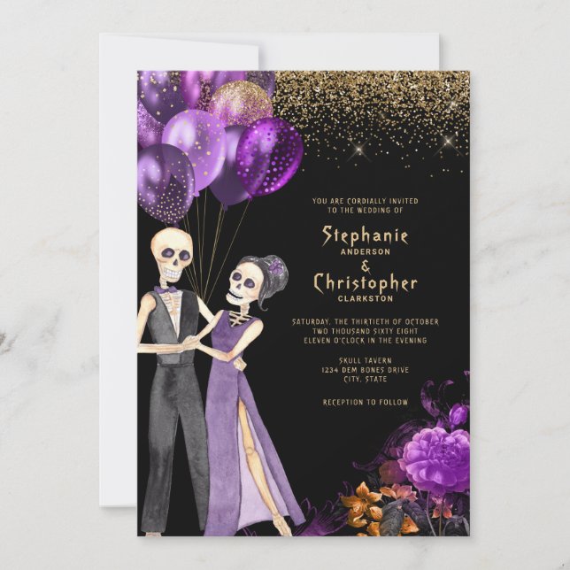 Invitación Purpurina de moda Skeleton Boda de Halloween (Anverso)