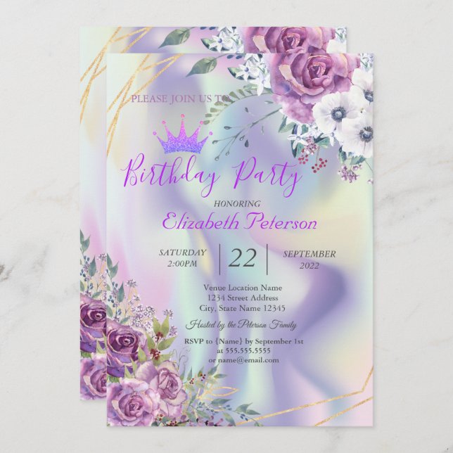 Invitación Purpurina de moda Tiara Flowers Holographic Cumple (Anverso / Reverso)