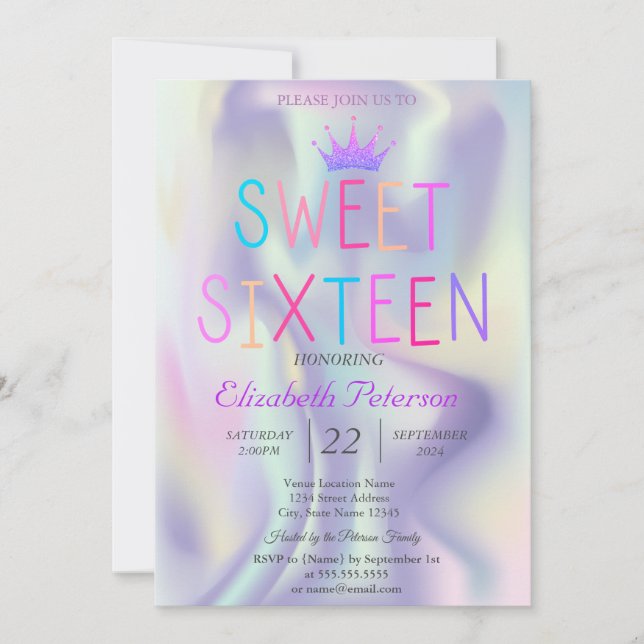 Invitación Purpurina de moda Tiara Holografía dulce colorido  (Anverso)