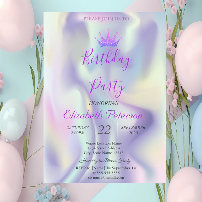 Invitación Purpurina de moda Tiara Holographic Birthday Party (Subido por el creador)