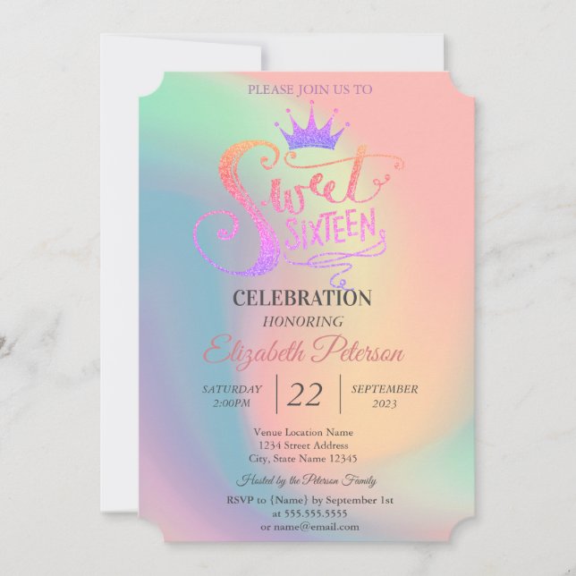 Invitación Purpurina de moda Tiara Holographic Sweet 16 Fiest (Anverso)