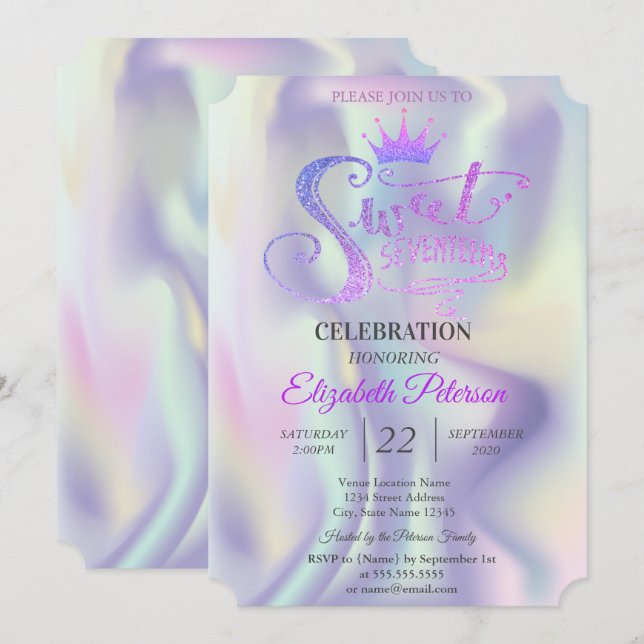Invitación Purpurina de moda Tiara Holographic Sweet 17 Cumpl (Anverso / Reverso)