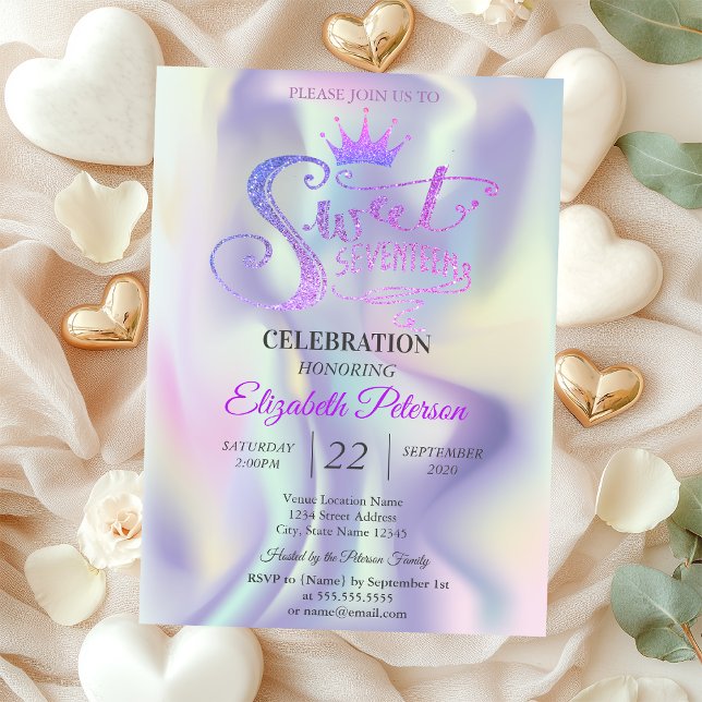 Invitación Purpurina de moda Tiara Holographic Sweet 17 Cumpl (Subido por el creador)