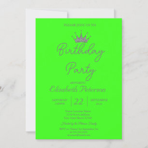 Invitación Purpurina de moda Tiara Neon Green Birday