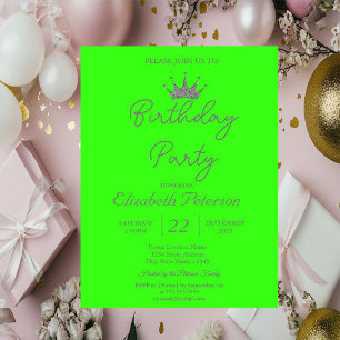 Invitación Purpurina de moda Tiara Neon Green Birday