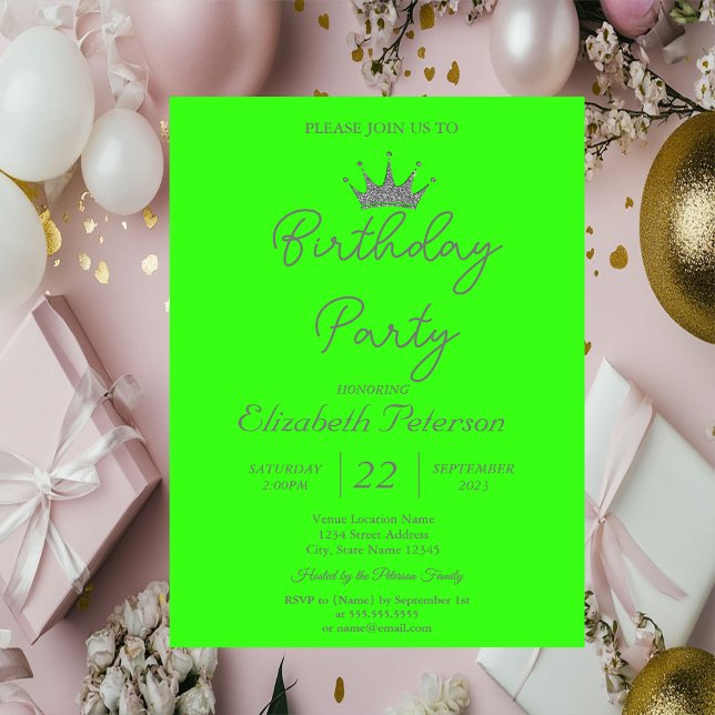 Invitación Purpurina de moda Tiara Neon Green Birday (Subido por el creador)
