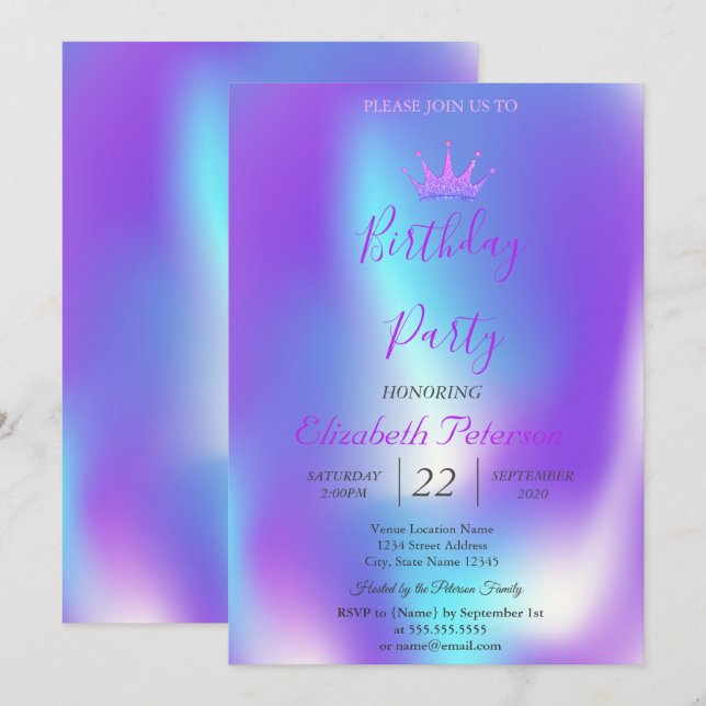 Invitación Purpurina de moda Tiara Ombre Holographic Cumpleañ (Anverso / Reverso)